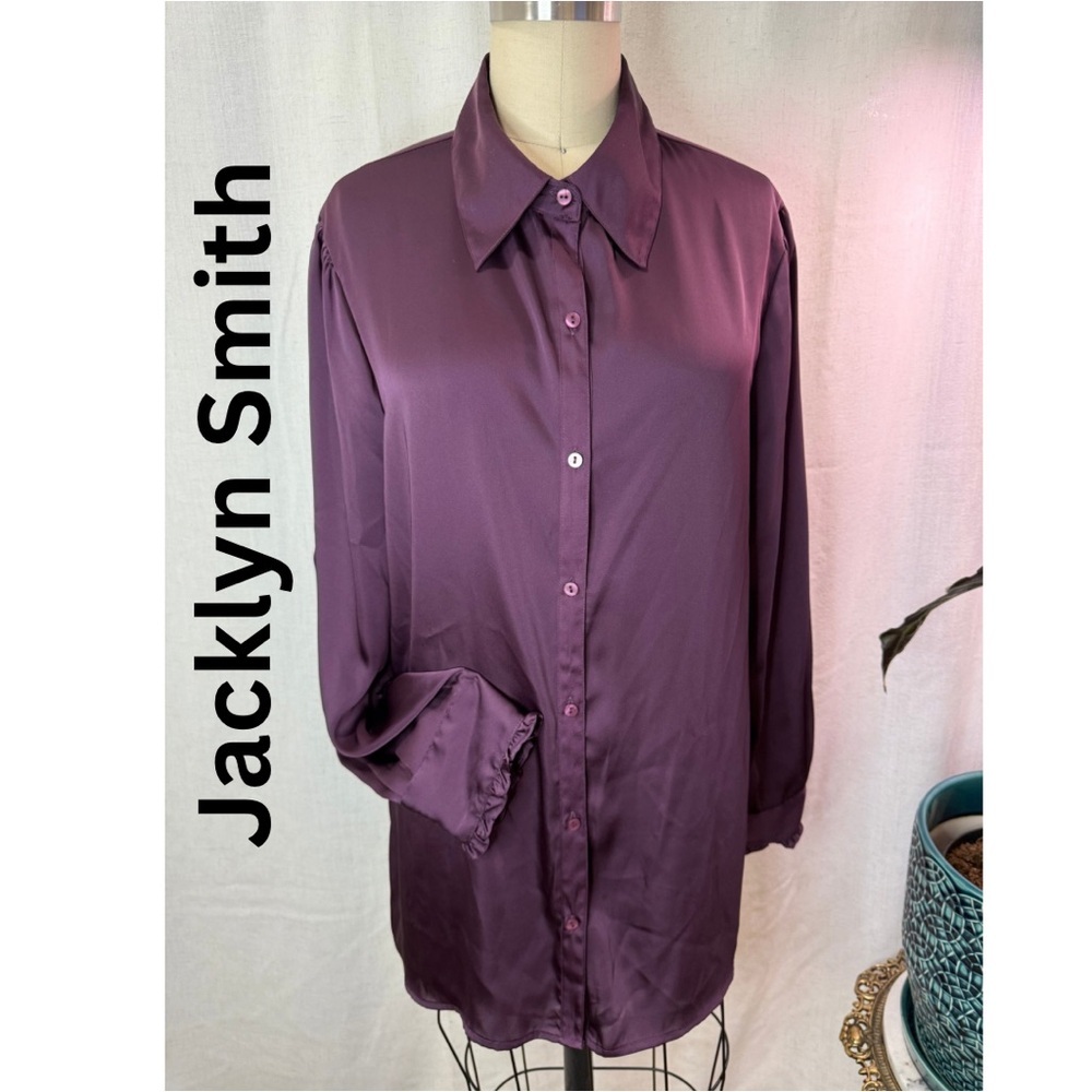 Jacklyn Smith Size 12 Purple Satin Button Down Blouse Long Sleeve Classic Top